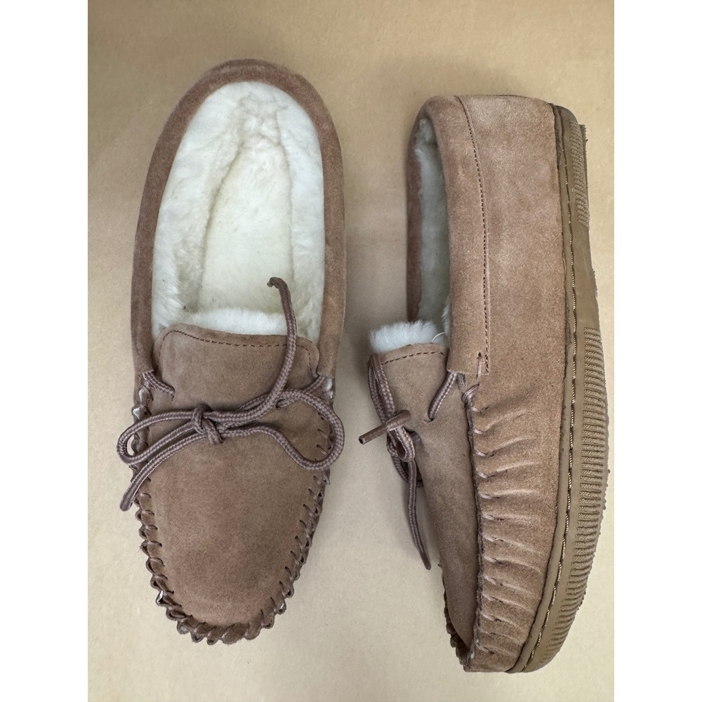 Lamo Mens Suede Moccasin Slippers Tan Sheepskin Faux Fur Lined Shoes Size 9